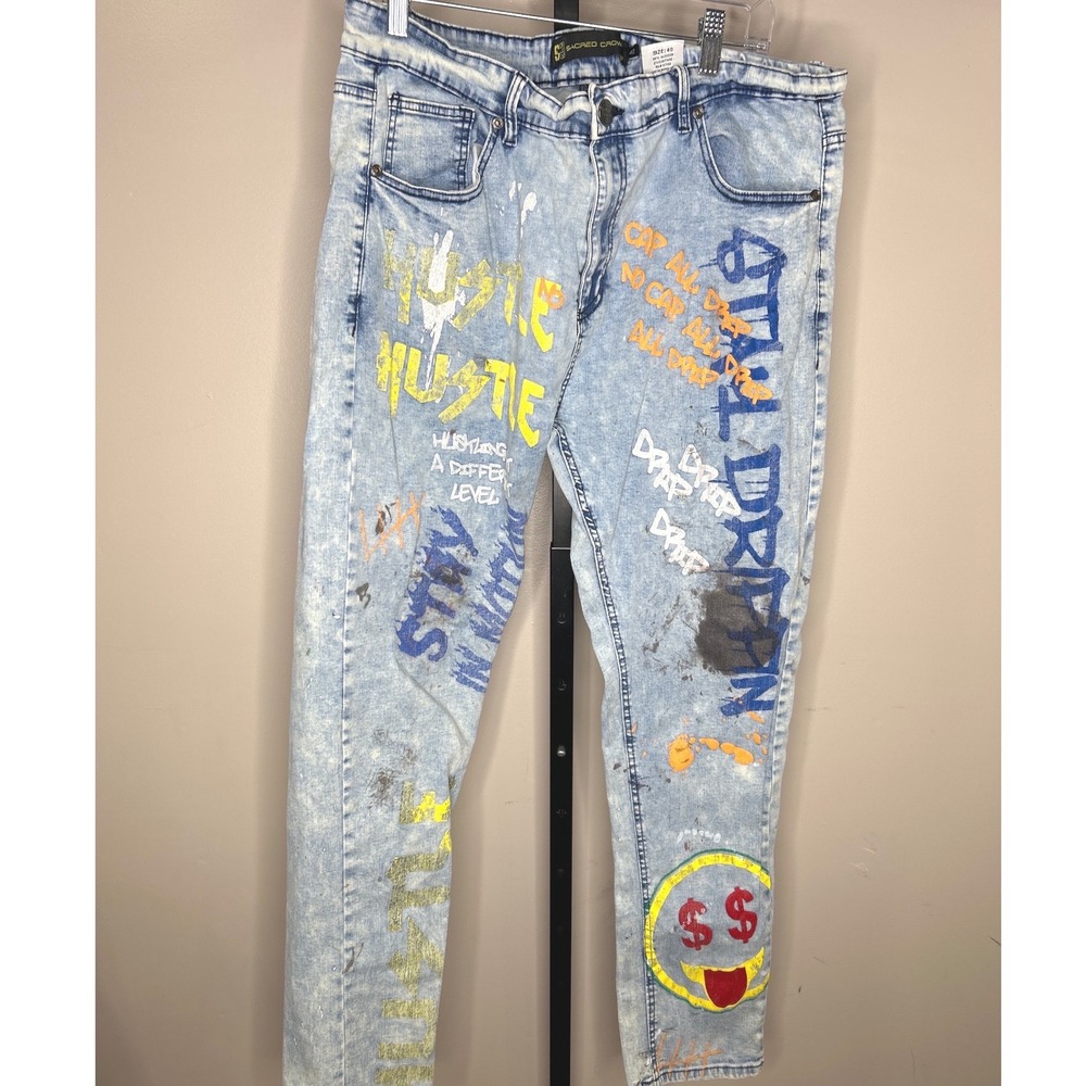Sacred Crown Sz 40 Mens Graffiti Acid Wash Jeans Blue Distressed Streetwear
